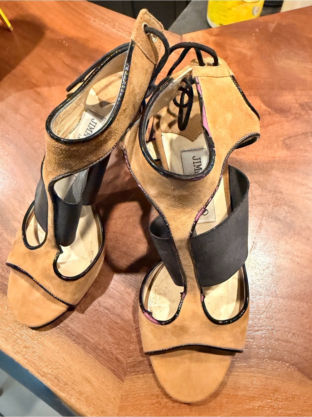 Jimmy Choo Tan Suede and Black Elastic Strappy Heels